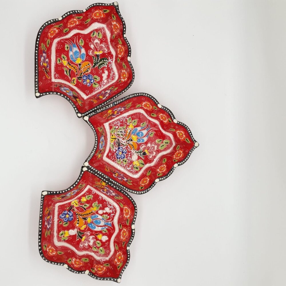3pc Red Traditional Turkish Handmade Floral Ceramic Appetizer Bowls